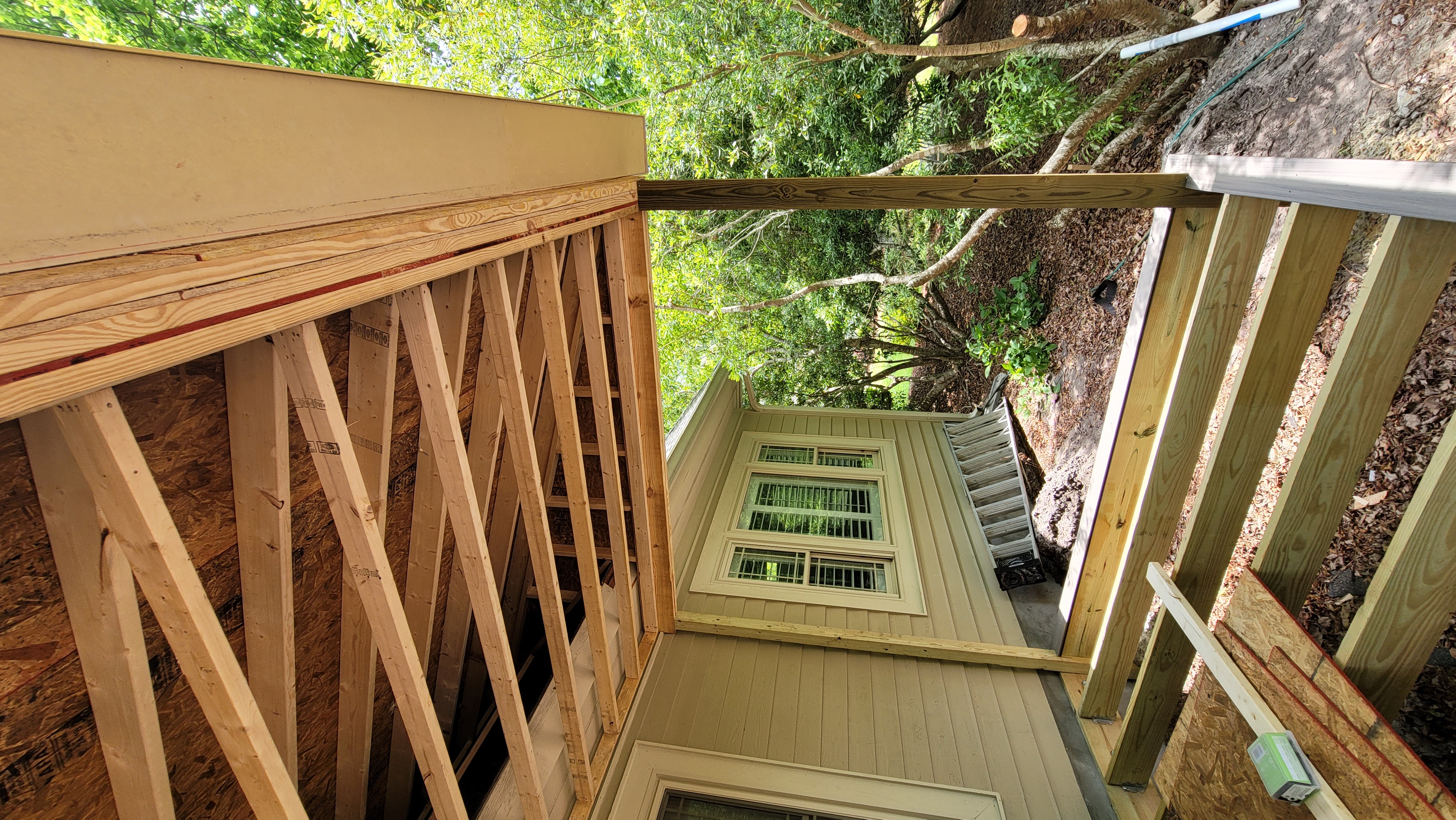 Exposed roof and floor framing of an addition beside an existing home's windows and wooded garden