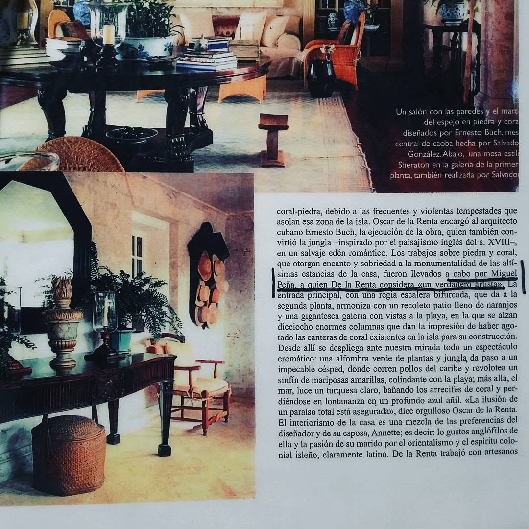 Supplied Spanish-language magazine clipping crediting Miguel Peña with stone and coral work and reporting Oscar de la Renta's description un verdadero artista
