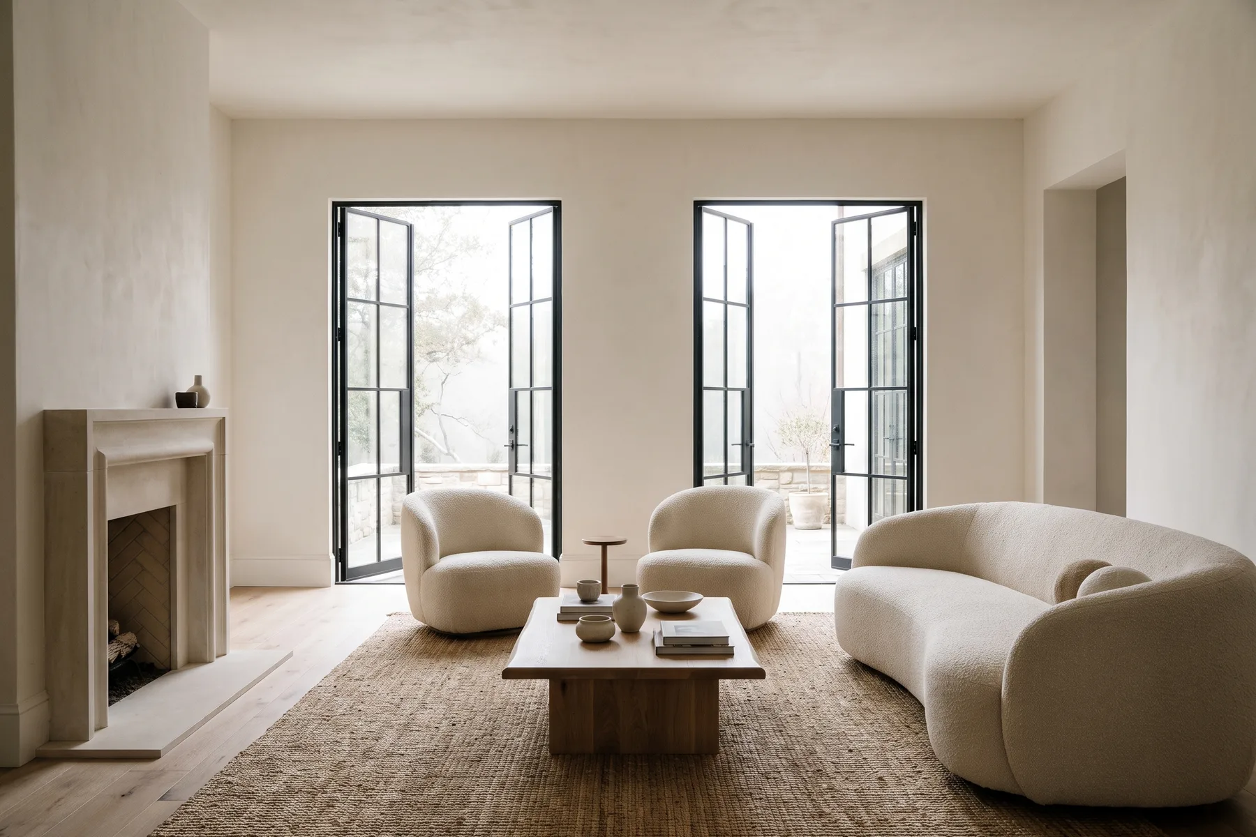 Rendering — The Heron great room opening to the rear terrace.
