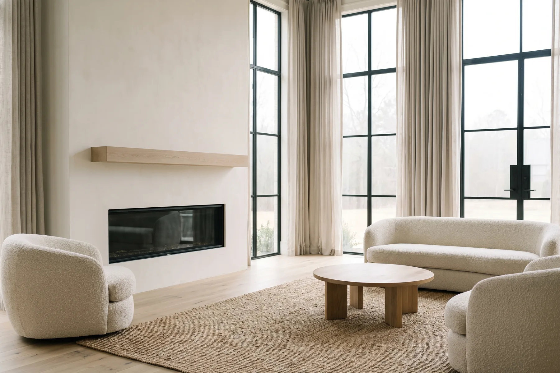 Rendering — The Laurel great room with its linear fireplace.