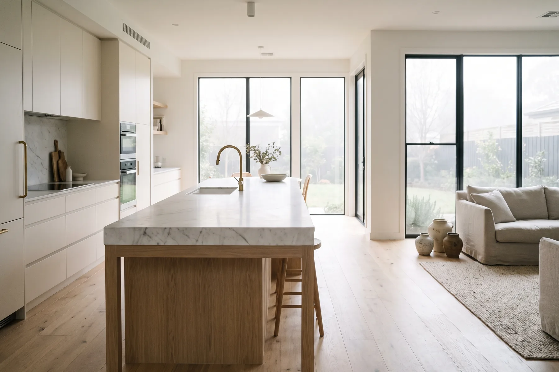Rendering — The Laurel kitchen island open to the living space.